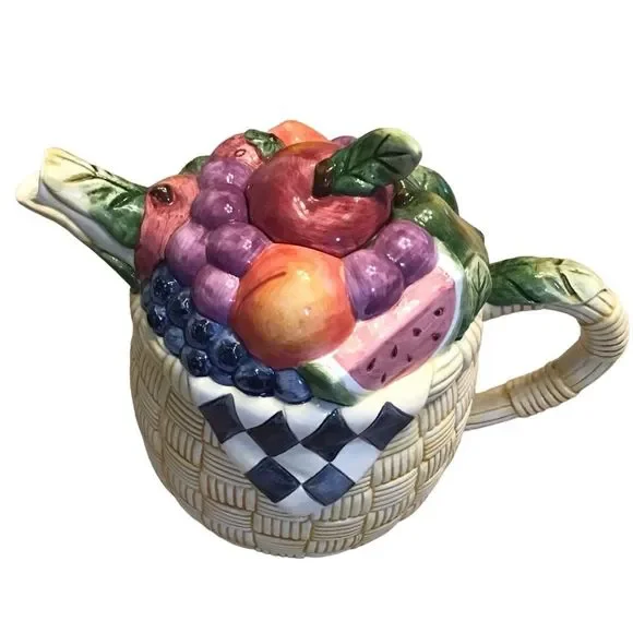 SUSAN WINGET Certified Teapot Ceramic Fruit-Basket Weave Design Approx. 14 x 8 - Picture 2 of 9